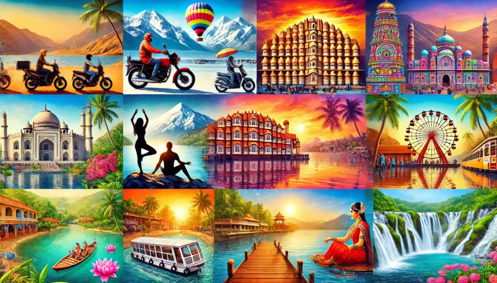 10 Best Places to Visit in India -A colorful collage featuring the top 10 travel destinations in India: Snow-capped mountains in Leh-Ladakh, vibrant beaches in Goa, the historic Hawa Mahal in Jaipur, serene backwaters of Kerala, the spiritual ghats of Varanasi, adventure and yoga in Rishikesh, tropical beauty of Andaman & Nicobar Islands, misty hills of Shimla, the lush landscapes of Meghalaya, and the royal lakes and palaces of Udaipur. Each location is labeled with its name for easy identification.