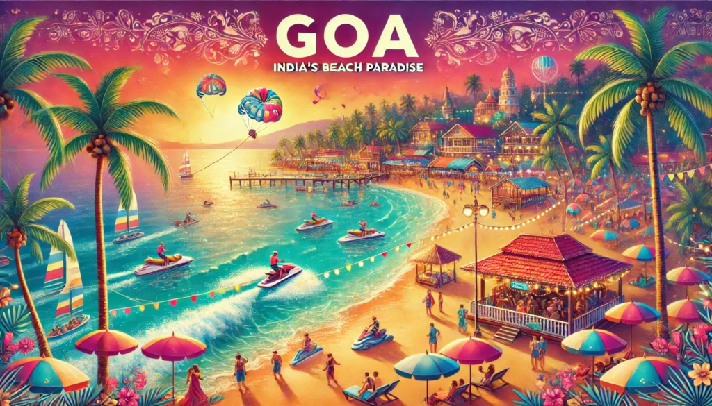 Goa – India’s Beach Paradise-"A vibrant digital painting of Goa featuring a stunning tropical beach with golden sands, swaying palm trees, and turquoise waters. Tourists enjoy water sports like jet skiing and parasailing, while others relax under colorful beach umbrellas. A lively beach shack with fairy lights adds to the tropical ambiance. The sunset sky glows with warm hues of orange and pink, enhancing the paradise-like atmosphere. The text 'Goa – India’s Beach Paradise' is elegantly placed at the top in a stylish travel-themed font.