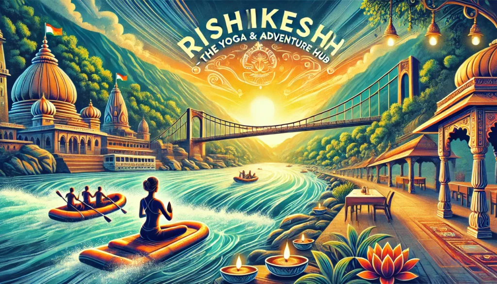 Rishikesh – The Yoga and Adventure Hub="A vibrant digital painting of Rishikesh featuring the iconic Laxman Jhula bridge stretching over the sacred Ganges River, surrounded by lush green hills. In the foreground, a person is practicing yoga on the riverbank as the golden sunrise casts a peaceful glow. White-water rafters navigate the rapids, adding an adventurous touch. In the background, Triveni Ghat is illuminated with floating aarti lamps, enhancing the spiritual atmosphere. The text 'Rishikesh – The Yoga and Adventure Hub' is elegantly placed at the top in a stylish travel-themed font."