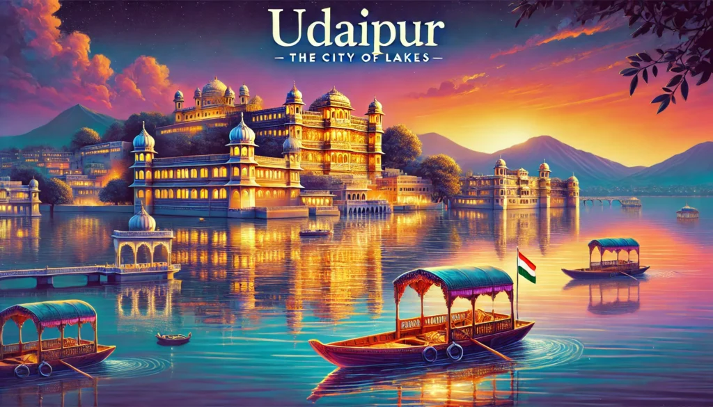 Udaipur – The City of Lakes-"A vibrant digital painting of Udaipur featuring the stunning City Palace illuminated at night, reflecting beautifully on the waters of Lake Pichola. A traditional boat floats on the serene lake, enhancing the royal ambiance. In the background, the majestic Aravalli Hills add depth to the landscape. The iconic Taj Lake Palace appears to be floating on the water, creating a dreamy and luxurious scene. The sky glows with warm hues, adding to the enchanting atmosphere. The text 'Udaipur – The City of Lakes' is elegantly placed at the top in a stylish travel-themed font."