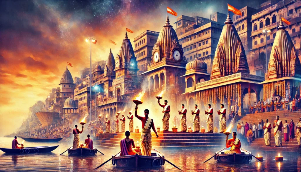 Varanasi – The Spiritual Capital of India-A vibrant digital painting of Varanasi showcasing the sacred ghats along the Ganges River, with priests performing the mesmerizing Ganga Aarti at Dashashwamedh Ghat. Large fire lamps illuminate the river as devotees and tourists watch from wooden boats. The background features historic temples and ancient buildings bathed in golden light. The sky blends deep orange and purple hues, enhancing the spiritual ambiance. The text 'Varanasi – The Spiritual Capital of India' is elegantly placed at the top in a stylish travel-themed font."