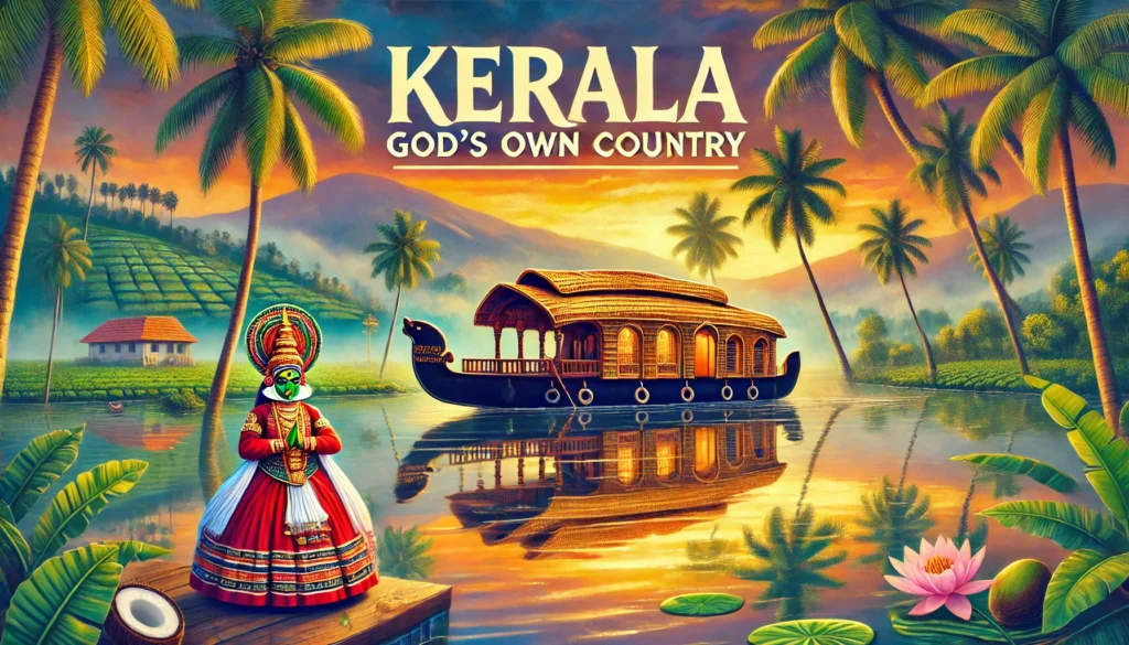 Kerala – God’s Own Country -A vibrant digital painting of Kerala featuring a traditional houseboat floating on the serene backwaters, surrounded by lush green coconut trees. The calm water reflects the golden hues of the sunset, creating a peaceful and picturesque scene. In the background, misty hills and tea plantations of Munnar add to the beauty of the landscape. A Kathakali dancer in traditional attire stands in the foreground, representing Kerala’s rich cultural heritage. The text 'Kerala – God’s Own Country' is elegantly placed at the top in a stylish travel-themed font."